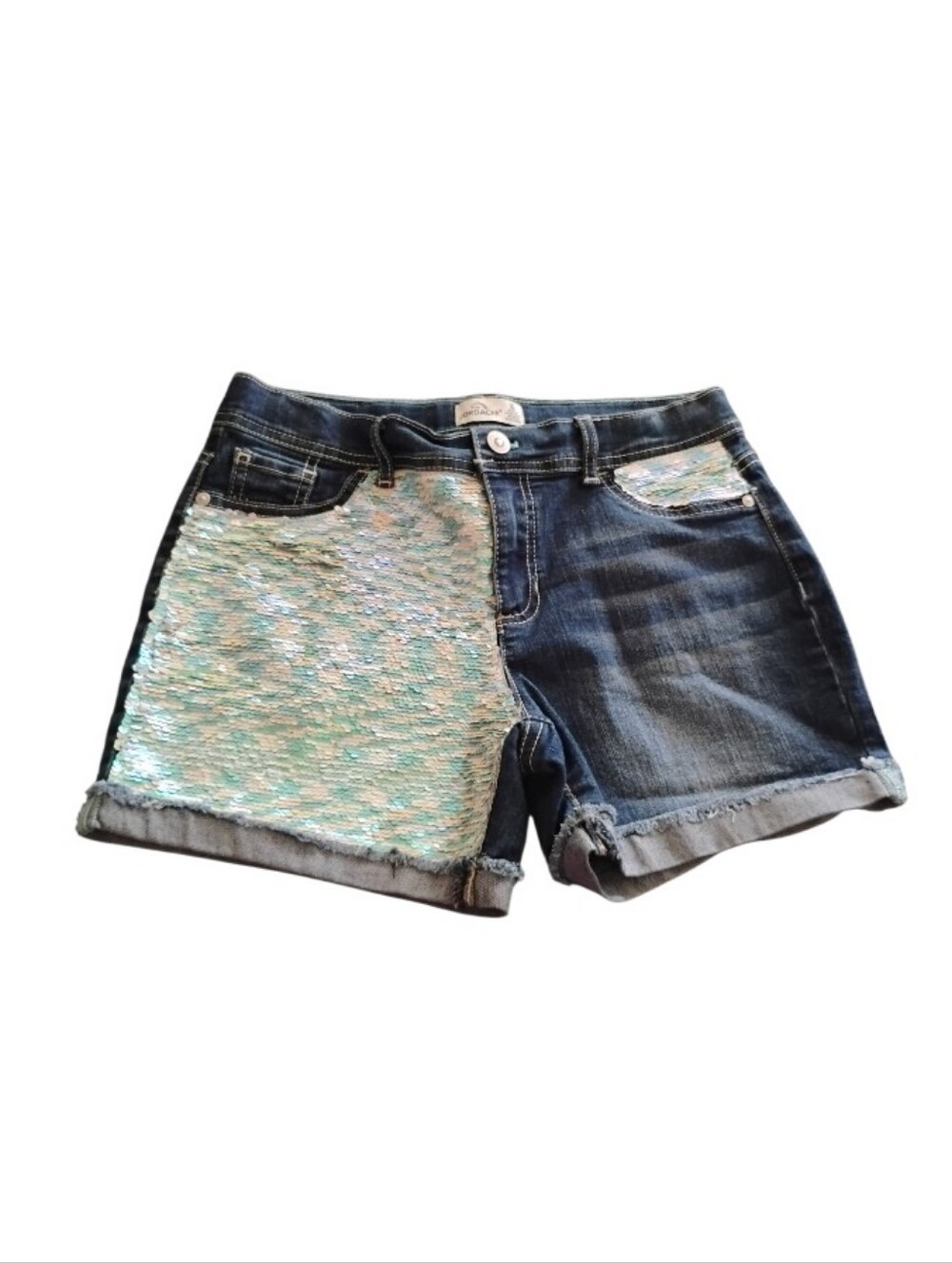Sequin Accent Denim Shorts - Iridescent Aqua